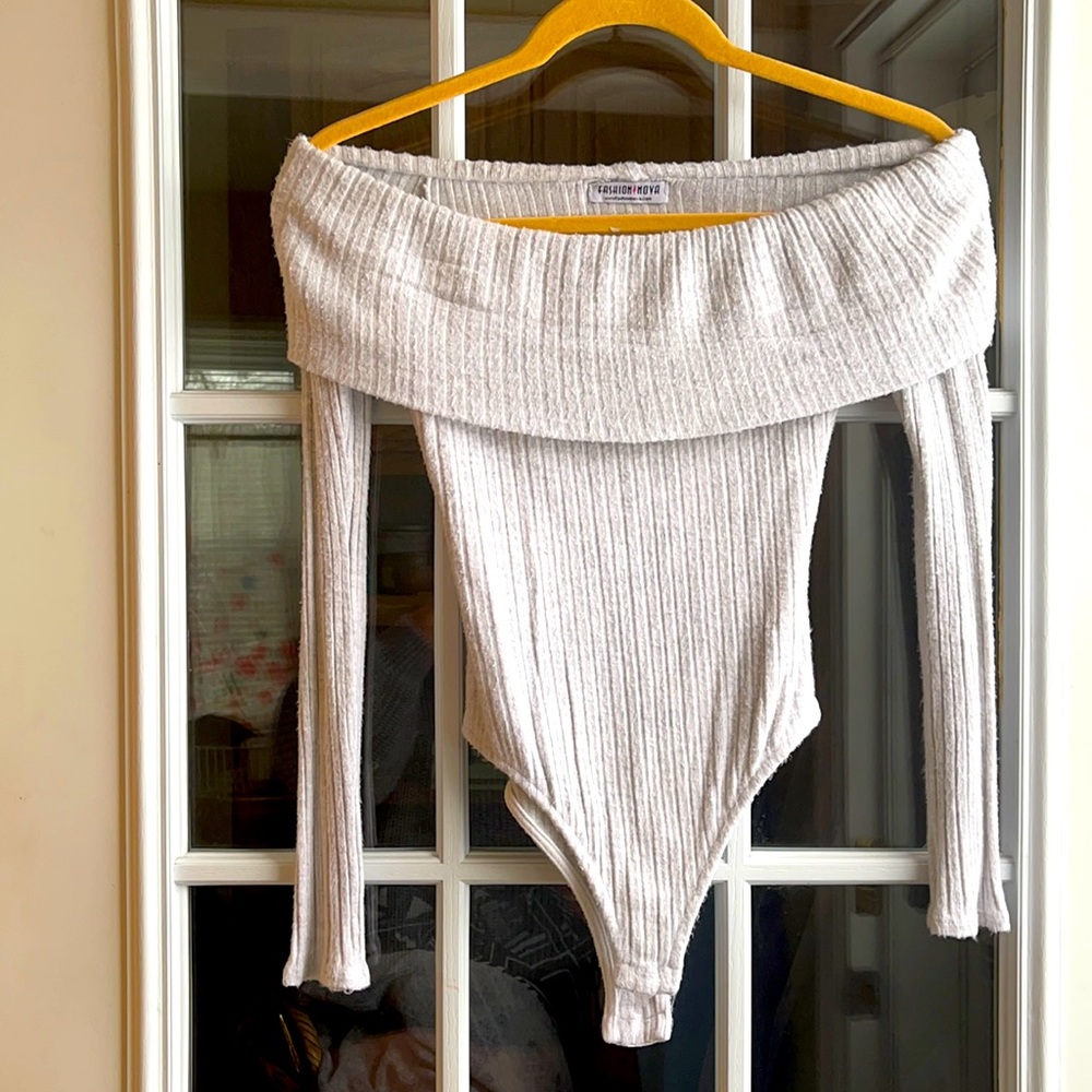 Grey off the shoulder bodysuit.